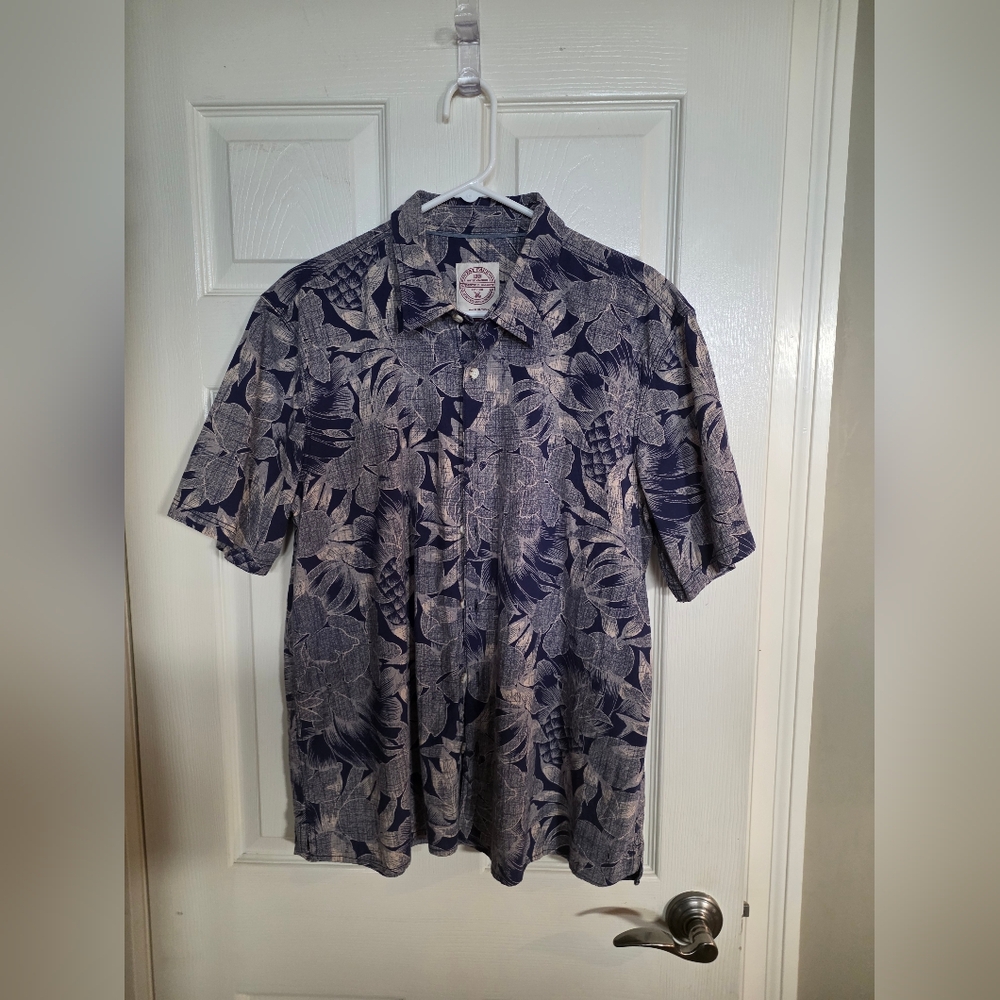 Fat Face Navy and Beige Leaf Tropical Hawaiian Button Shirt XXL